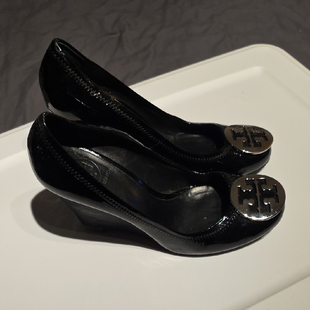 Tory Burch Black Patent Wedge Heels